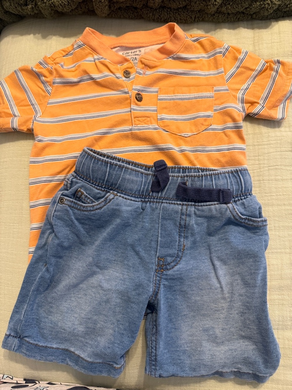 Carter's Orange & White Striped Polo Tee with Blue Denim-Look Shorts